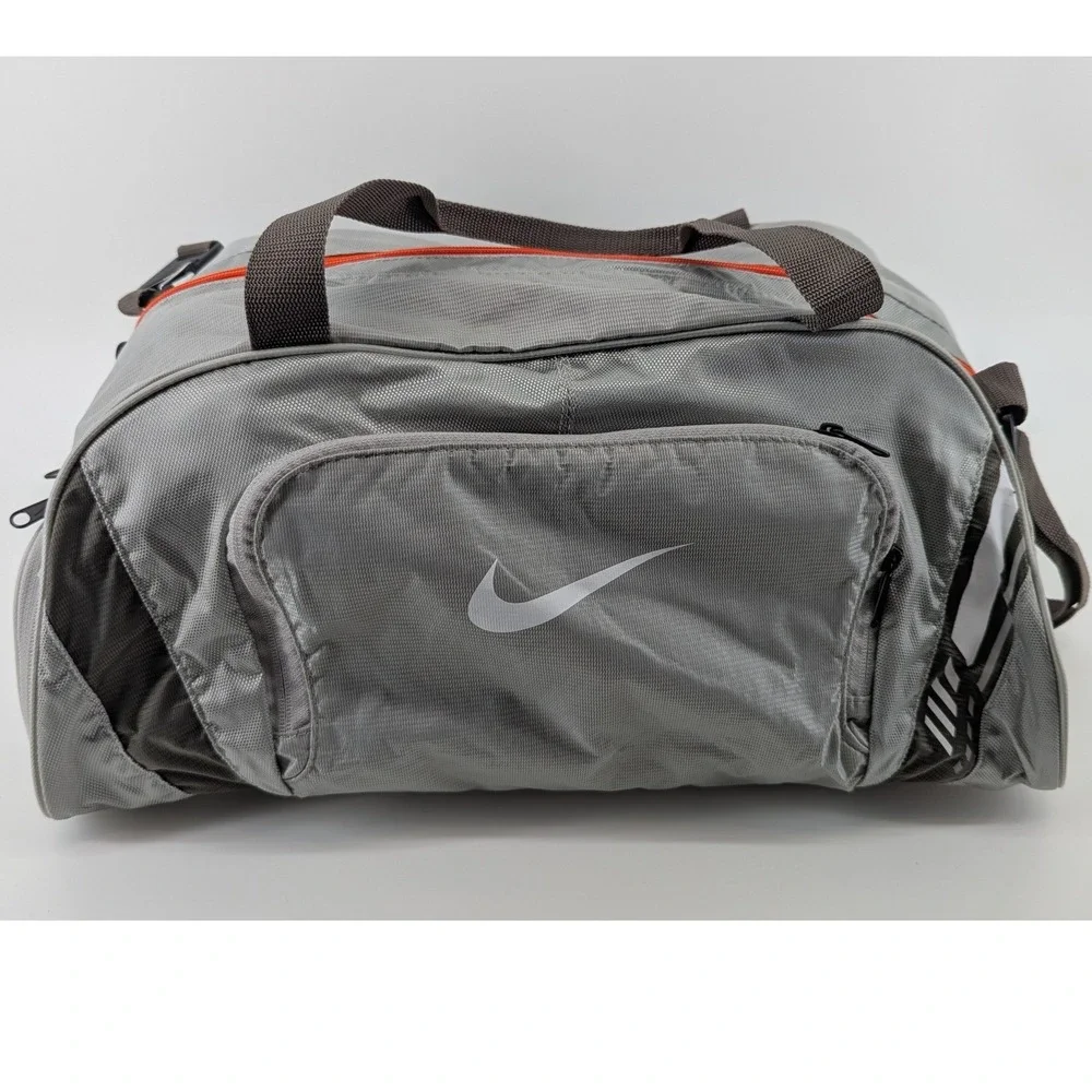 Nike Grey Ripstop Duffel Bag Orange Trim Gym Travel Sports Bag with Shoe Pocket